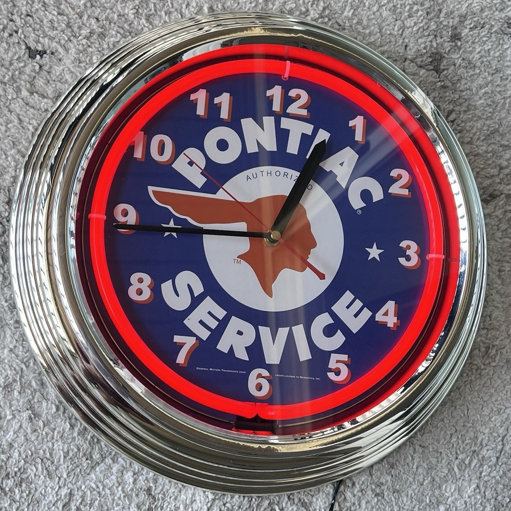 Neon clock sign Pontiac Indian Head GM UL lamp GTO Trans AM Garage wall lamp